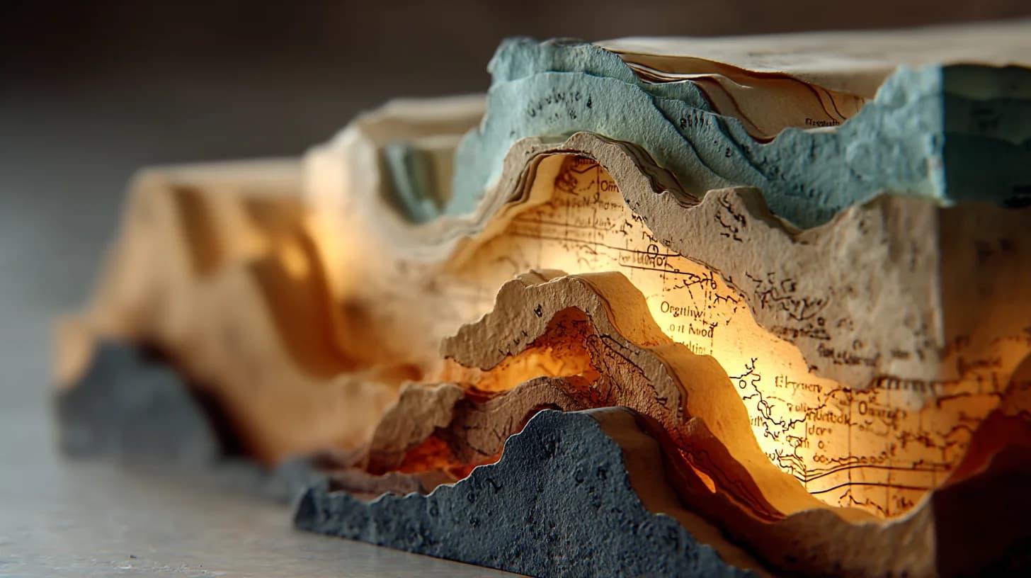 Layered archival pages illuminated from within